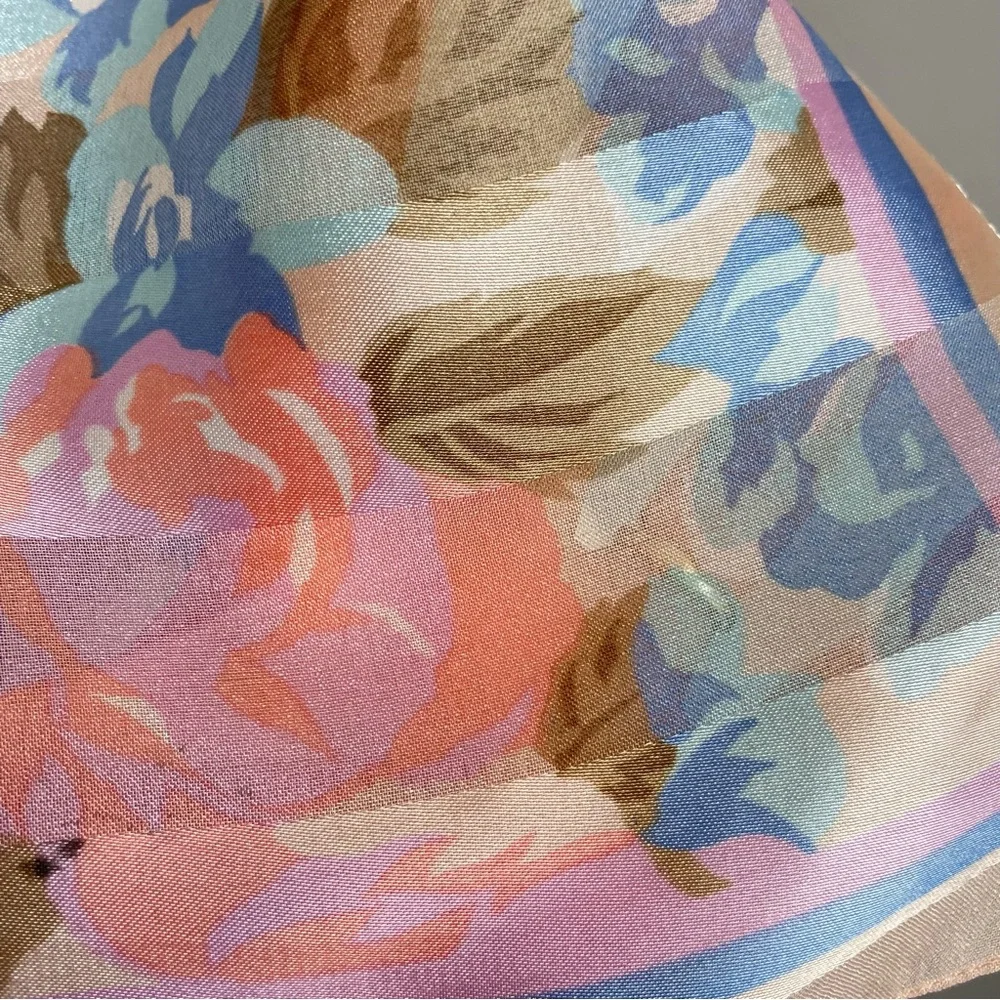 Floral Scarf Vintage Long Roses Pink Blue Sheer Sheen Stripe Elegant Retro‎